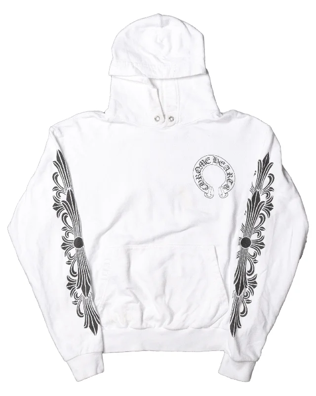 White Horseshoe Logo Hoodie Hoodie with Hem Applique Textured Unique