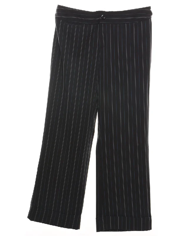 Pinstriped Black & Blue Wide-Leg Trousers - W36 L31 Trousers stylish modern