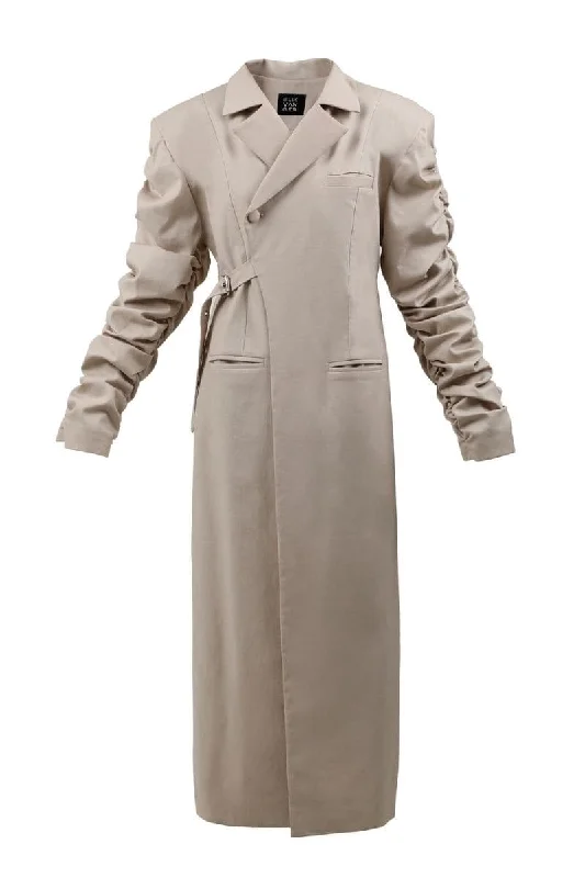 BEIGE CRUMPLE-SLEEVE TRENCH COAT Denim Leather Suede