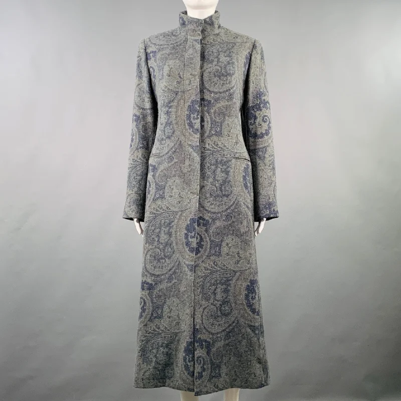 RALPH LAUREN Size M Grey Blue Wool Paisley Hidden Buttons Coat Bodycon Sheath Shift