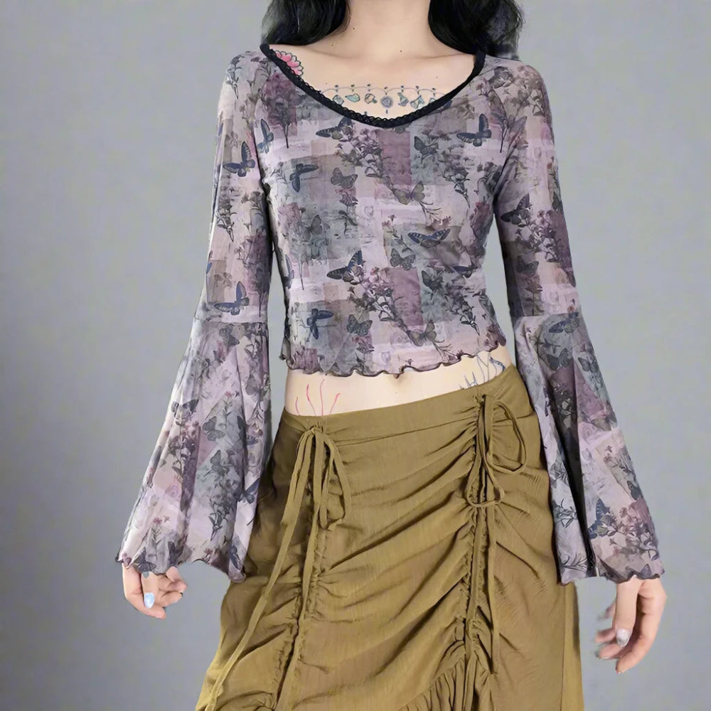 Retro Butterfly Mesh Fairycore Sheer Flare Sleeve Crop Top Layered Multi-layer Single Layer Retro Butterfly Mesh Fairycore Sheer Flare Sleeve Crop Top Layered Multi-layer Single Layer