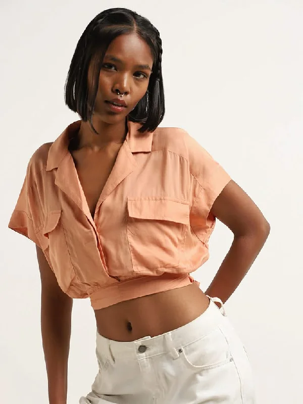 Nuon Light Orange Solid Crop Top with Belt Collared Crop Top Boat Neck A-Line