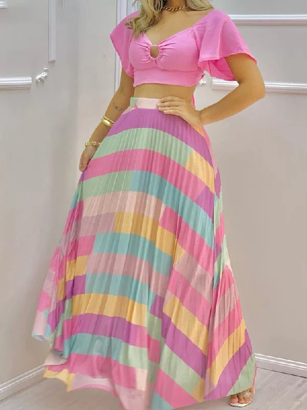 Crop Top and Long Skirt Set Solid Color Striped Floral