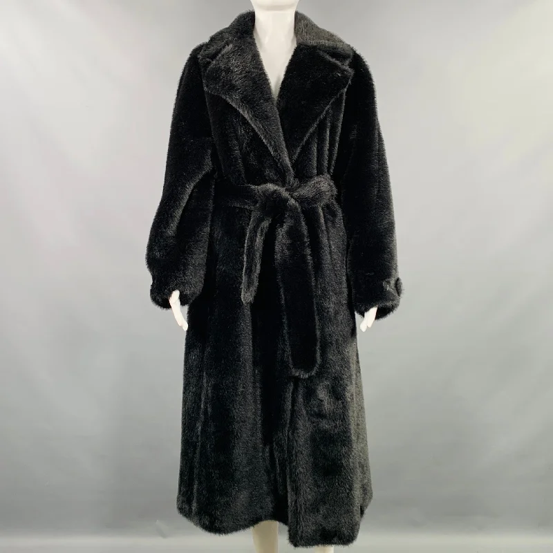 SANDRO Size S Black Polyester Textured Faux Fur Notch Lapel Coat Boat Shawl Notched
