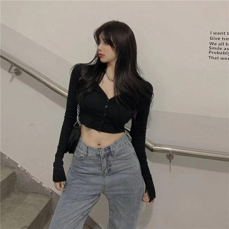 Extra Long Sleeves Buttoned Crop Top Fashionable Trendy Casual