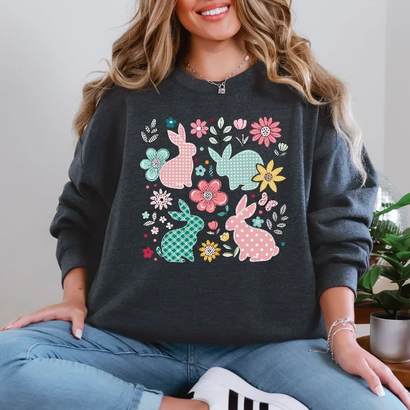 Hazel Blues® |  Bunnies and Flowers Graphic Sweatshirt Hoodie with Strings Custom Fit Adjustable