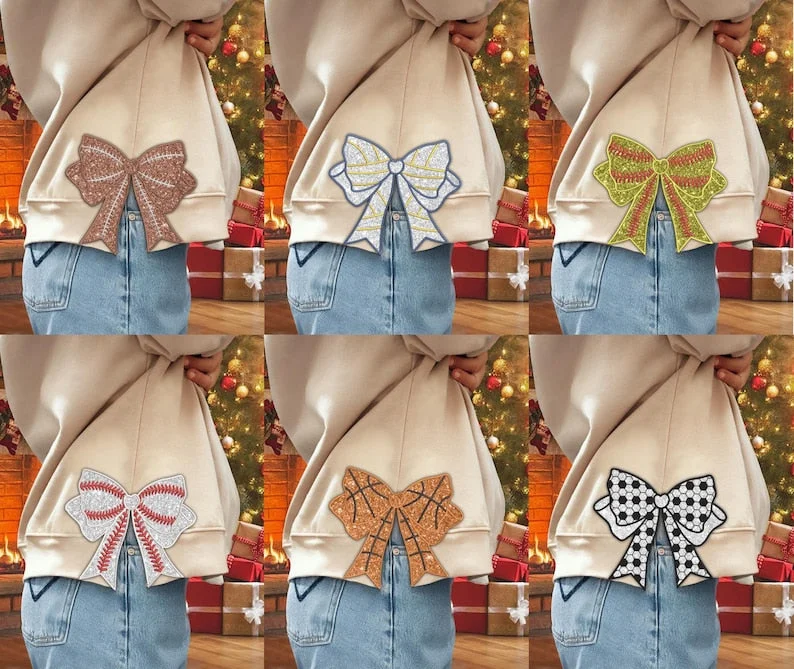 Personalized Sports Girly Bow Bow Applique Side Bow Machine Embroidery Sweatshirt, Baseball/Volleyball/Football/Soccer/Softball Embroidered Sweatshirt Oversized Hoodie Comfort Casual