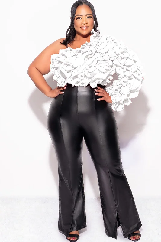 Final Sale Plus Size Ruffled One Shoulder Crop Top White Lace Blend Ribbed Blend Corduroy Blend