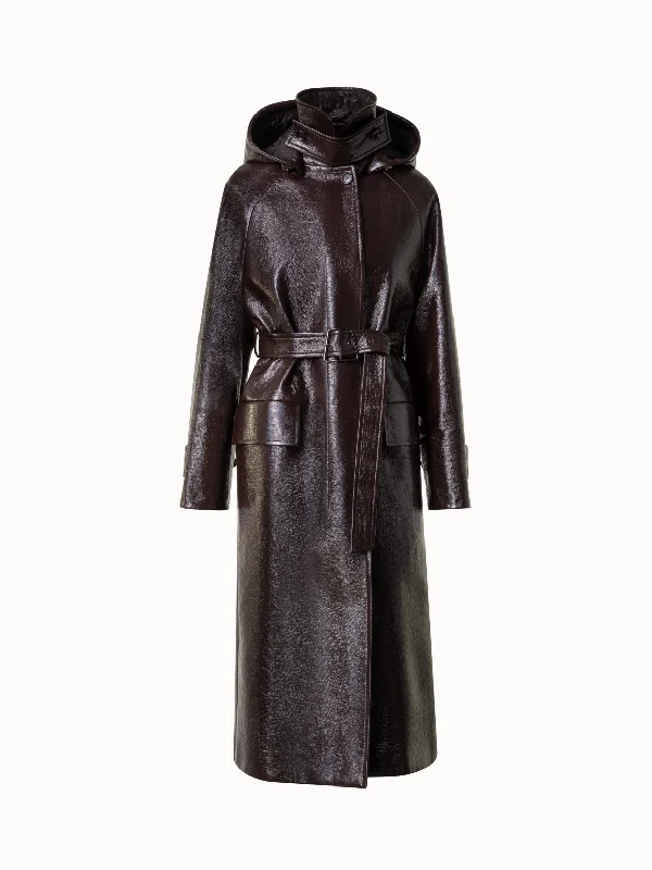 Lacquer Cotton Trench Coat with Detachable Hood Pleated Ruffled tiered