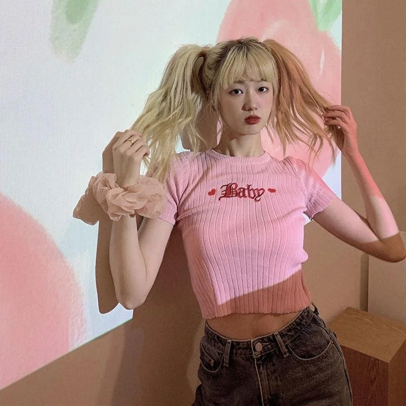 Barbie Embroidered Crop Top Notch Collar Peter Pan Collar Cowl Neck