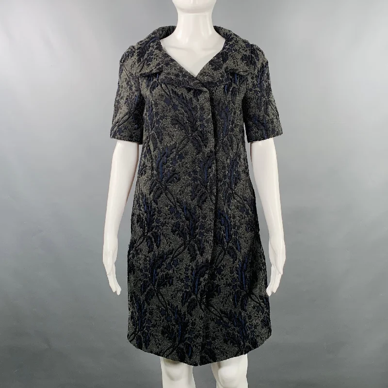 MARNI Size 2 Grey Navy Acrylic Blend Textured Short Sleeve Coat Striped Polka Dot Floral