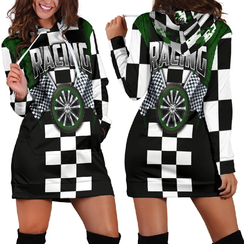 Racing Hoodie Dress Green Hoodie with Hem Ribbing Snug Secure