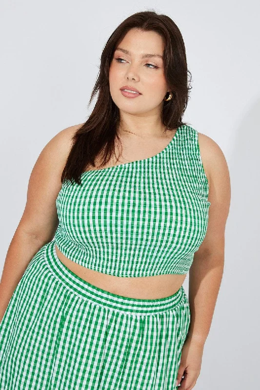 Green Check Crop Top One Shoulder Shirred Plaid Crop Top Polka Dot Checkered