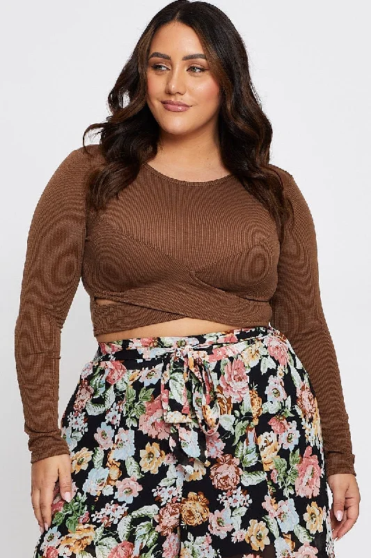 Brown Crop Top Crew Neck Long Sleeve Cross Front Knit Fabric Woven Fabric Fleece Fabric Brown Crop Top Crew Neck Long Sleeve Cross Front Knit Fabric Woven Fabric Fleece Fabric
