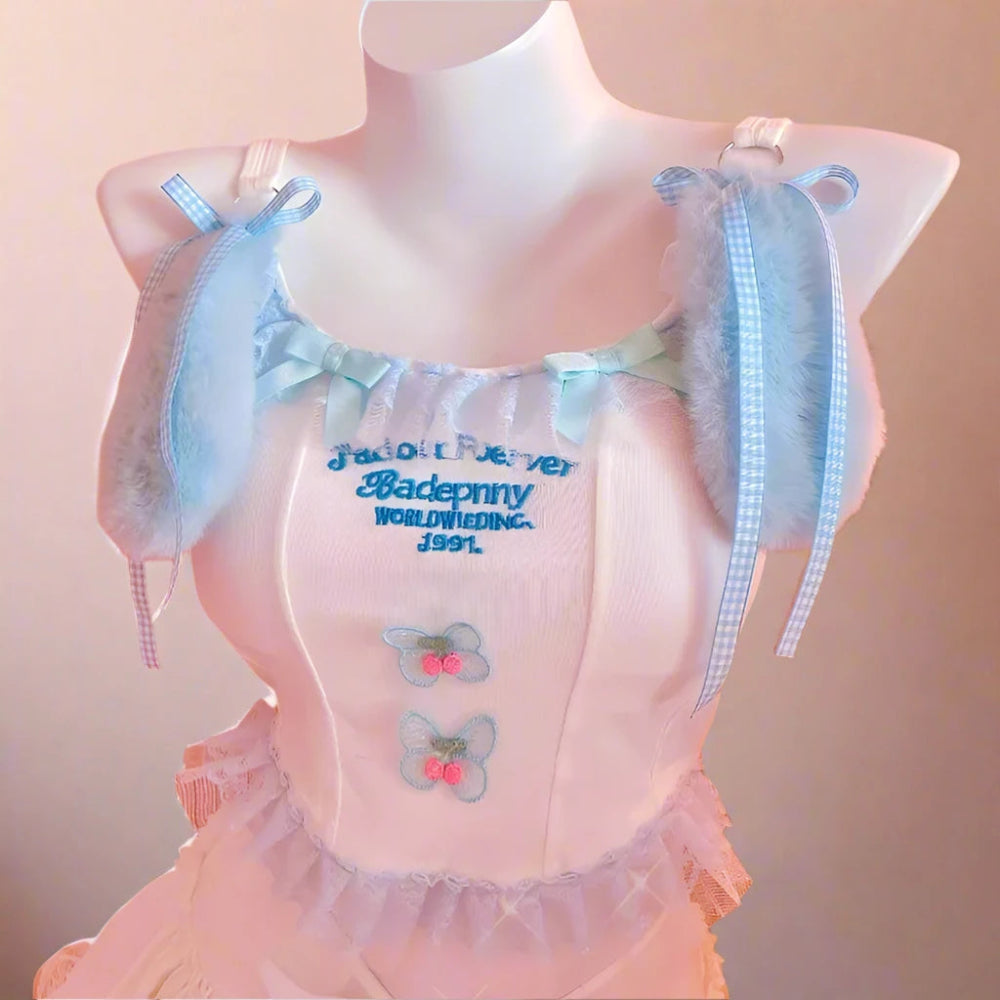 Kawaii Plush Rabbit Ear Camisole | Y2K Fairy Kei Style Lace Crop Top for Women Solid Print Embellished Kawaii Plush Rabbit Ear Camisole | Y2K Fairy Kei Style Lace Crop Top for Women Solid Print Embellished