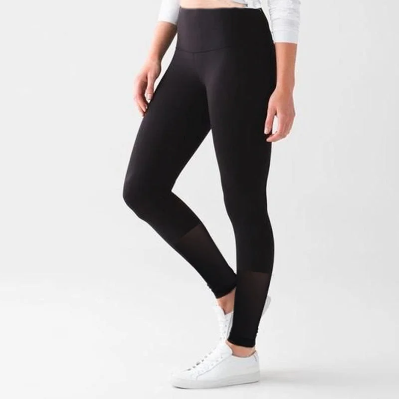 Black High Waist Leggings With Bottom Mesh Panels Comfortable Classic Yoga Leggings