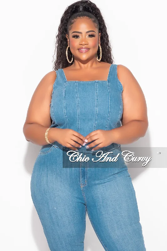 Final Sale Plus Size Sleeveless Crop Top with Shirred Back in Denim Print Jacquard Patchwork