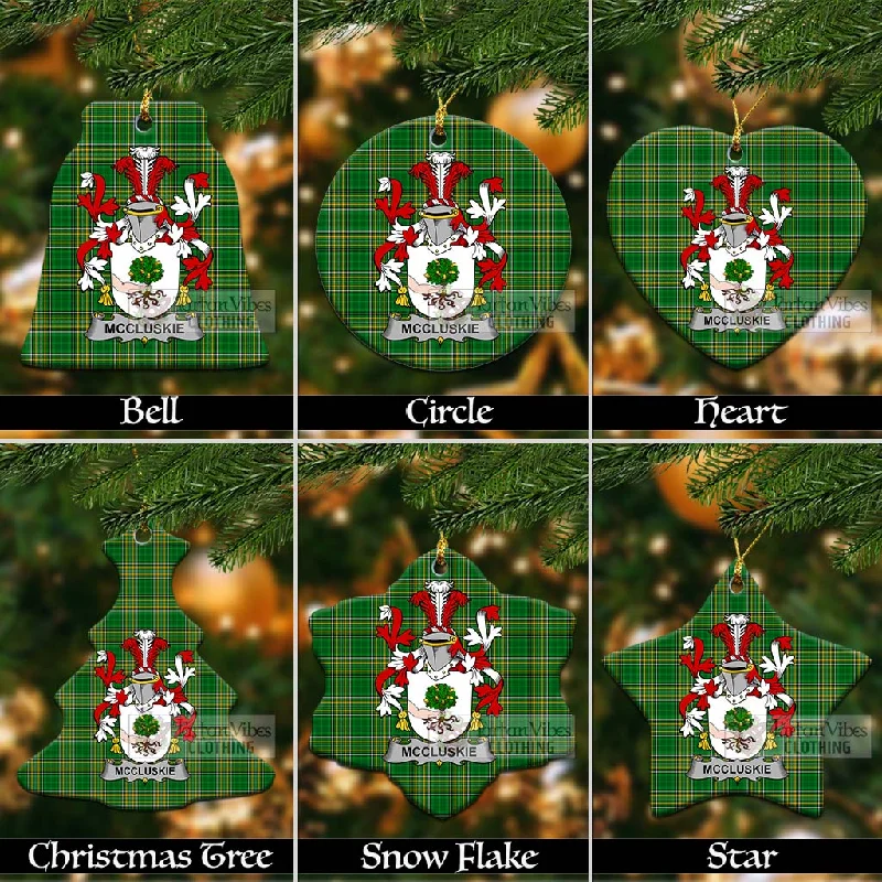 McCluskie Irish Clan Tartan Christmas Ceramic Ornament with Coat of Arms Trim Padded Insulated