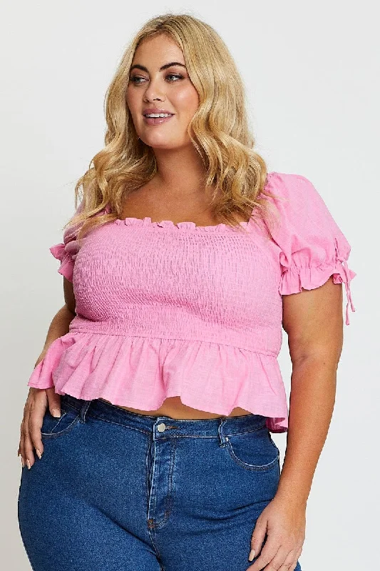 Pink Crop Top Short Sleeve Tie Front Striped Floral Plaid
