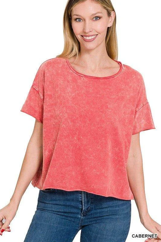 Zenana Acid Wash Raw Edge Short Sleeve Crop Top Ribbed Striped Patterned