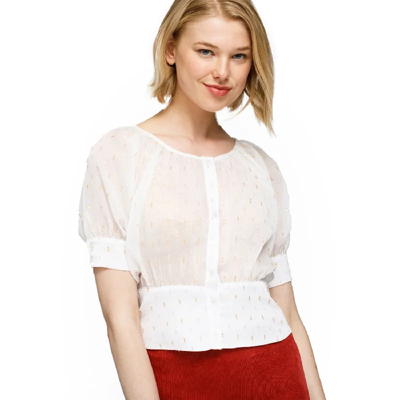 Women's Sheer Puff Shoulder Crop Top Blouse In White Denim Fabric Leather Fabric Suede Fabric Women's Sheer Puff Shoulder Crop Top Blouse In White Denim Fabric Leather Fabric Suede Fabric