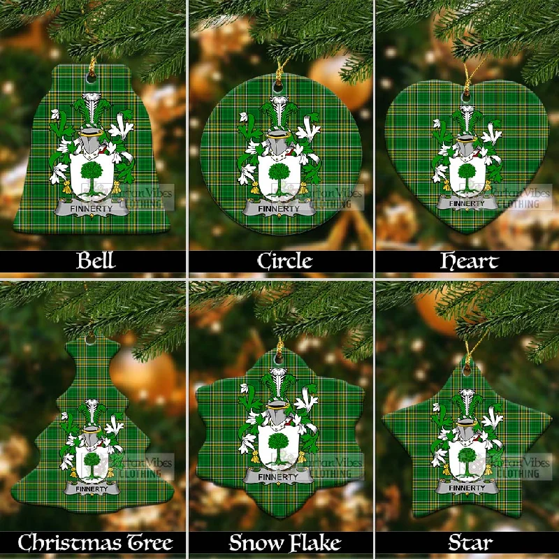 Finnerty Irish Clan Tartan Christmas Ceramic Ornament with Coat of Arms Cotton Linen Terry