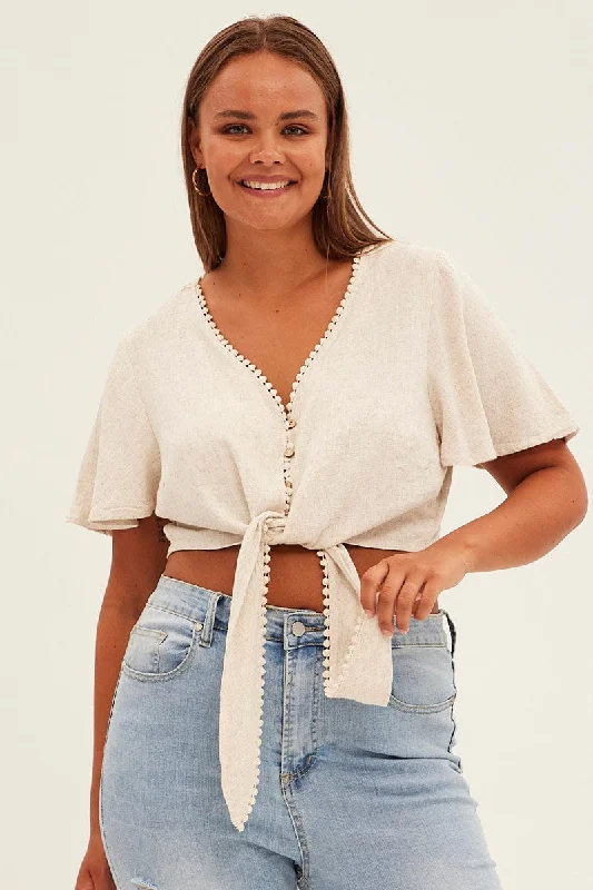 Beige Tie Crop Top Polka Dot Checkered Tartan