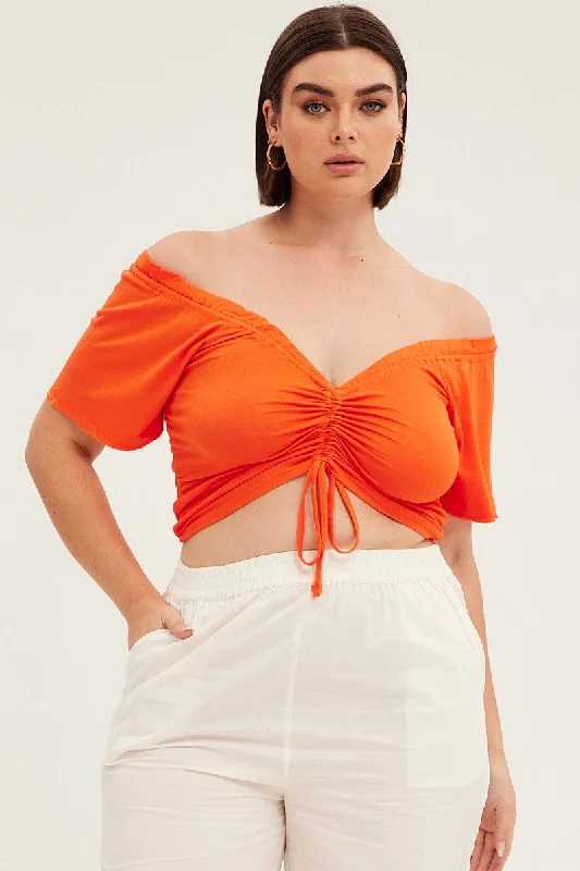 Orange Crop Top Short Sleeve Frill Edge Drawstring Zippered Front Buttoned Front Snap Front