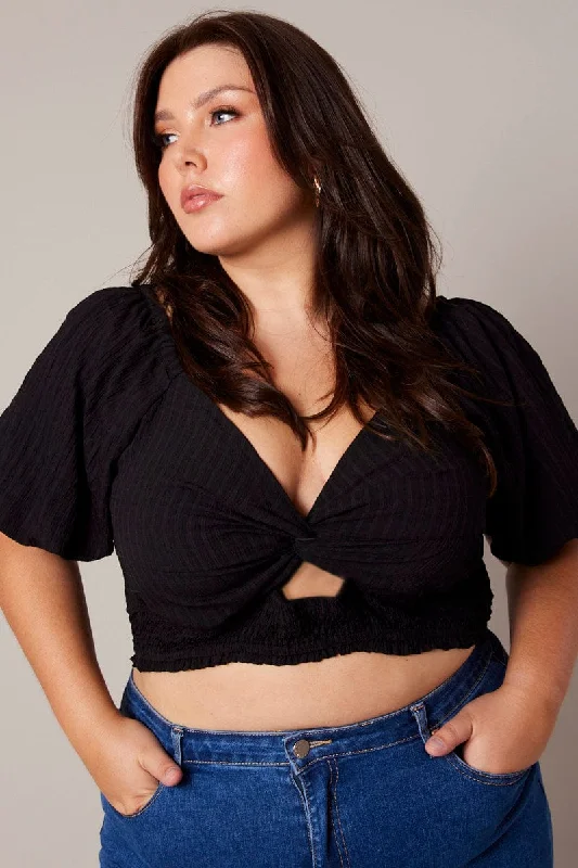 Black Crop Top Short Sleeve Cut Out Textured Iron Safe Non-Iron Wrinkle Free