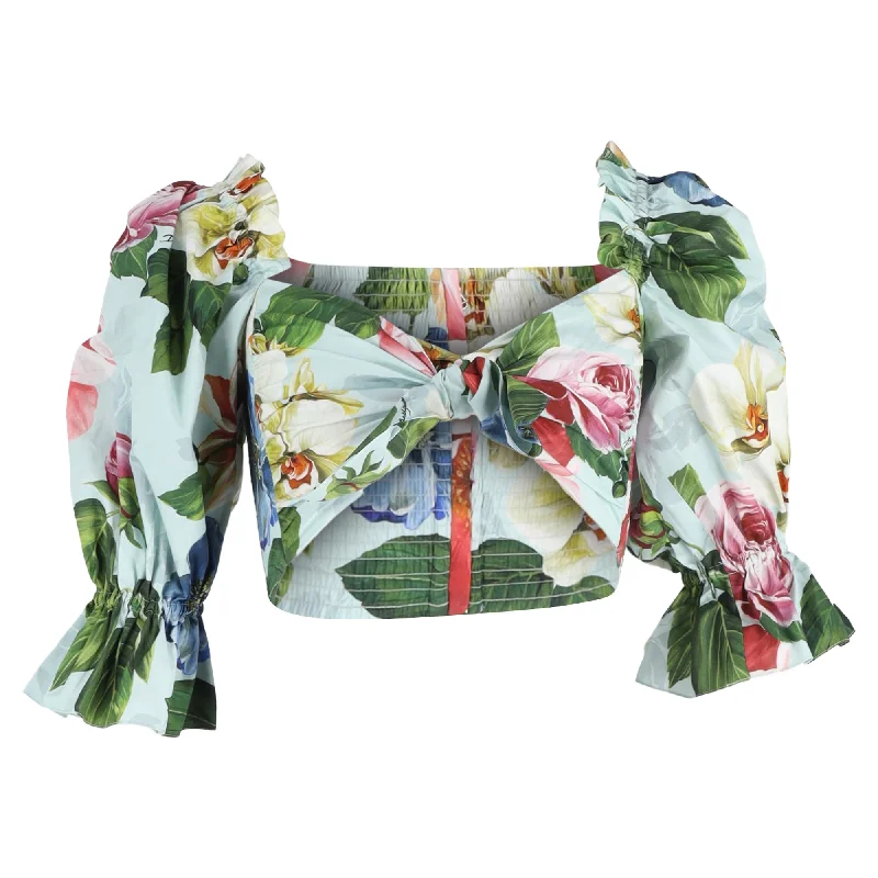 Dolce & Gabbana Floral Print Puffed Sleeve Crop Top in Multicolor Cotton Lace Blend Ribbed Blend Corduroy Blend