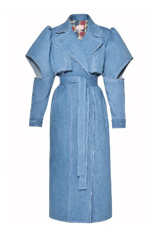 AQUA DENIM CUT-OUT TRENCH COAT Hooded Caped Scarf
