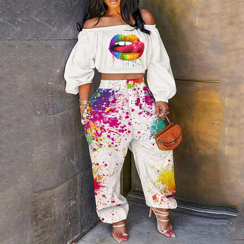 Off Shoulder Crop Top & Ink Splash Pants Set Ribbed Crop Top High Neck Heavyweight