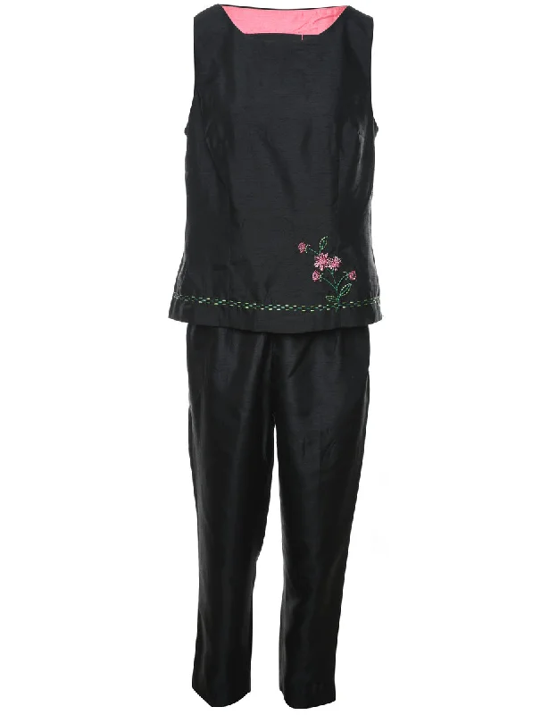 Embroidered Black Floral Top & Trouser Set - M Trousers Elastic Waist Soft