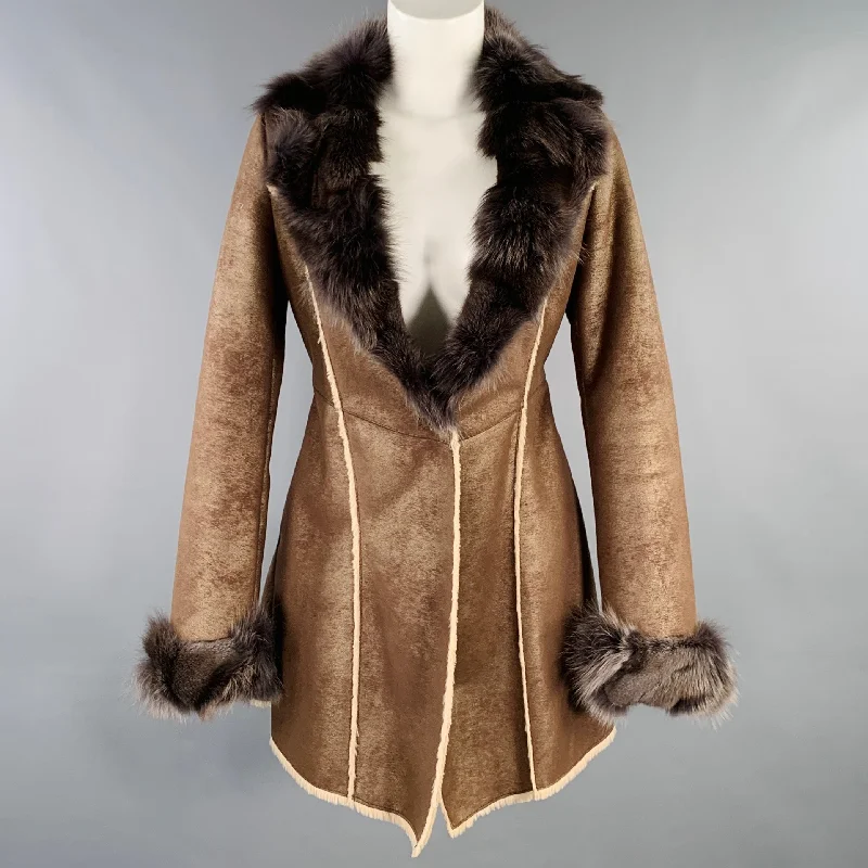 PELLACCI Size XS Brown Cream Leather Fur Trim Snaps Coat Trench Wool Cashmere