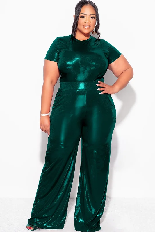 Final Sale Plus Size 2pc Crop Top & Palazzo Pant Set in Green Thin Crop Top Open Front Quick Dry