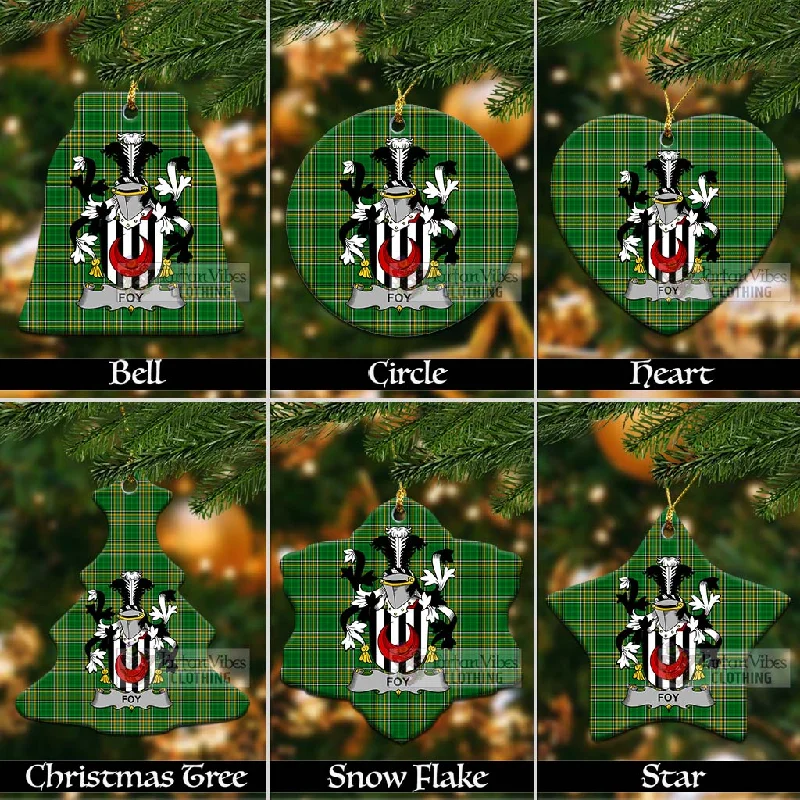 Foy Irish Clan Tartan Christmas Ceramic Ornament with Coat of Arms Vest Waistcoat Gilet