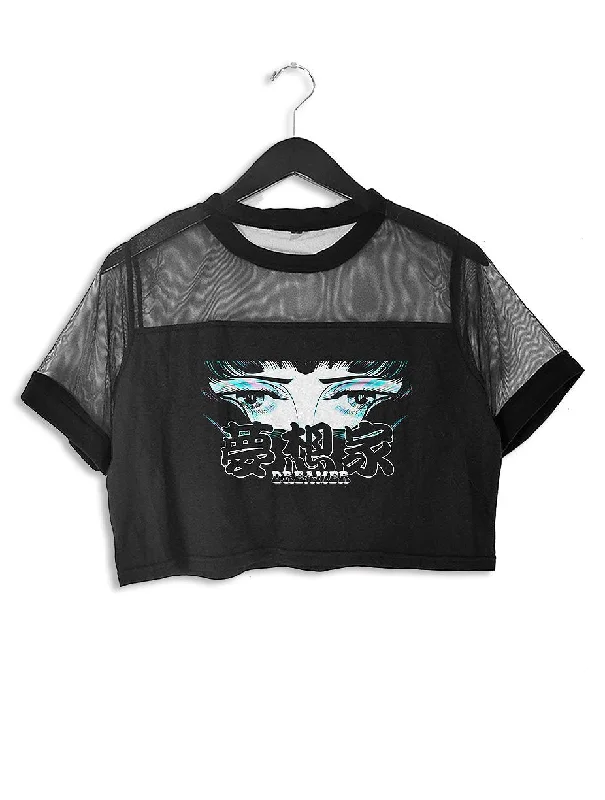 Dreamer Black Mesh Crop Top Mesh Blend Leather Blend Suede Blend