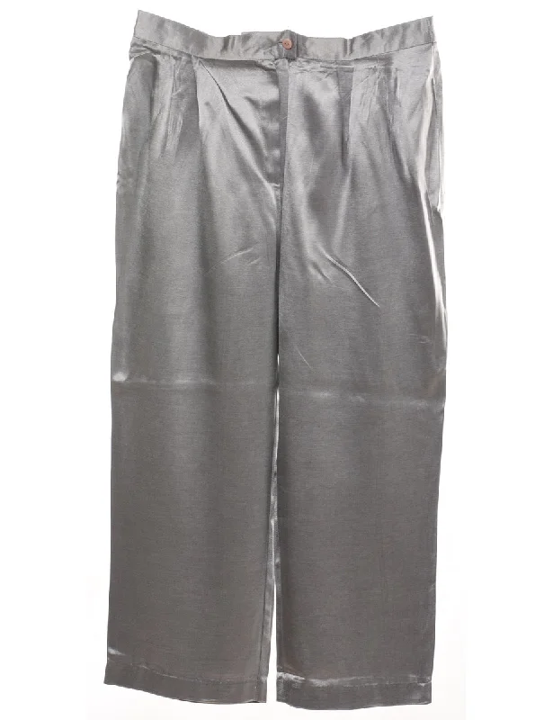 Silver Metallic Shiny Wide-Leg Trousers - W34 L25 Trousers Business Professional