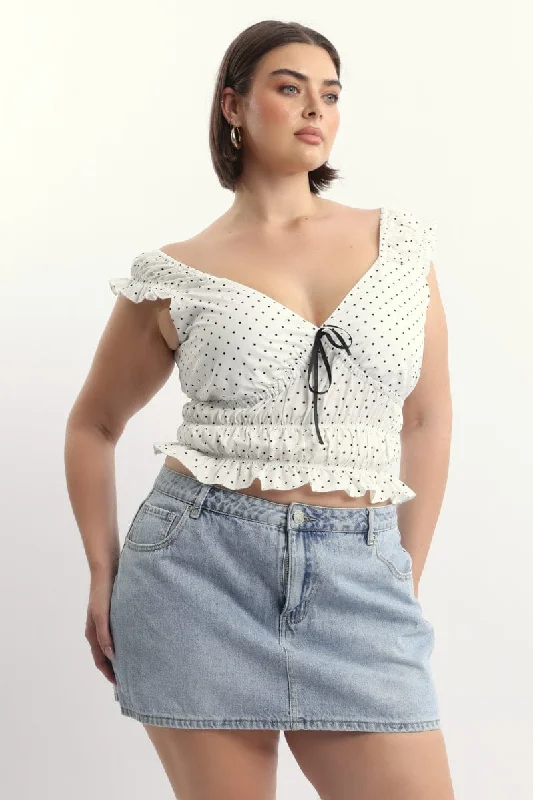 White Polka Dot Crop Top Short Sleeve Ruched Bust Notch Collar Peter Pan Collar Cowl Neck