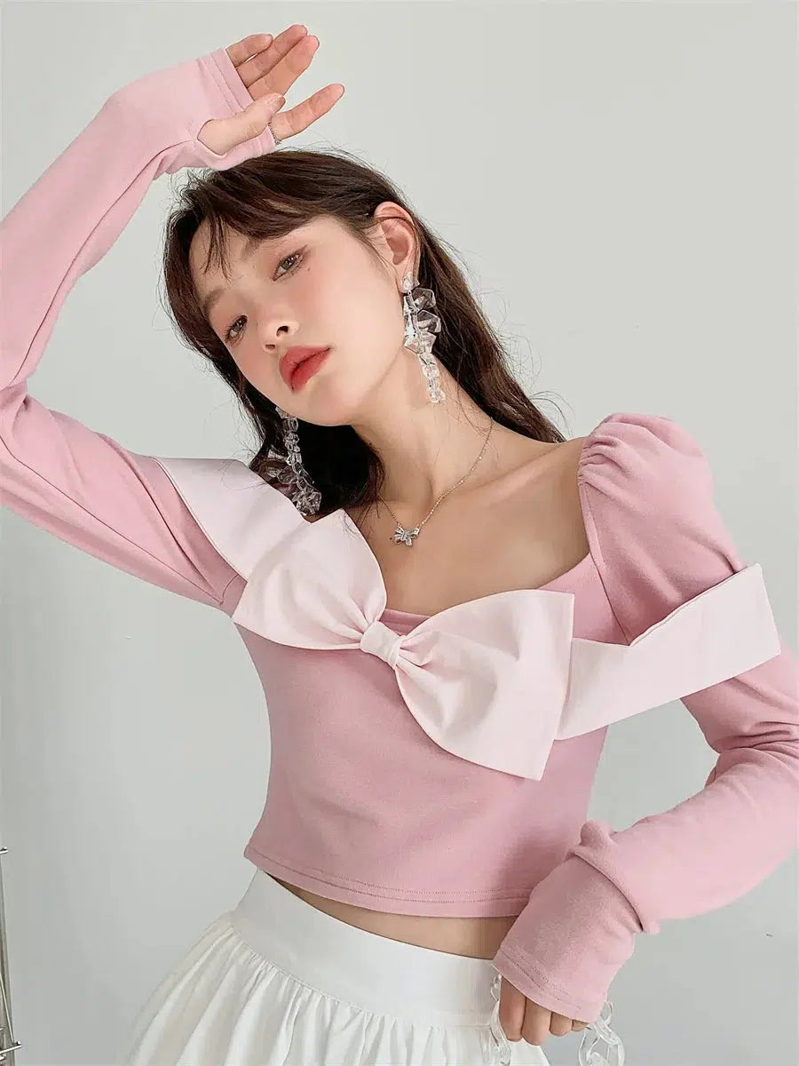 Puff Shoulder Bow Crop Top Satin Blend Silk Blend Wool Blend