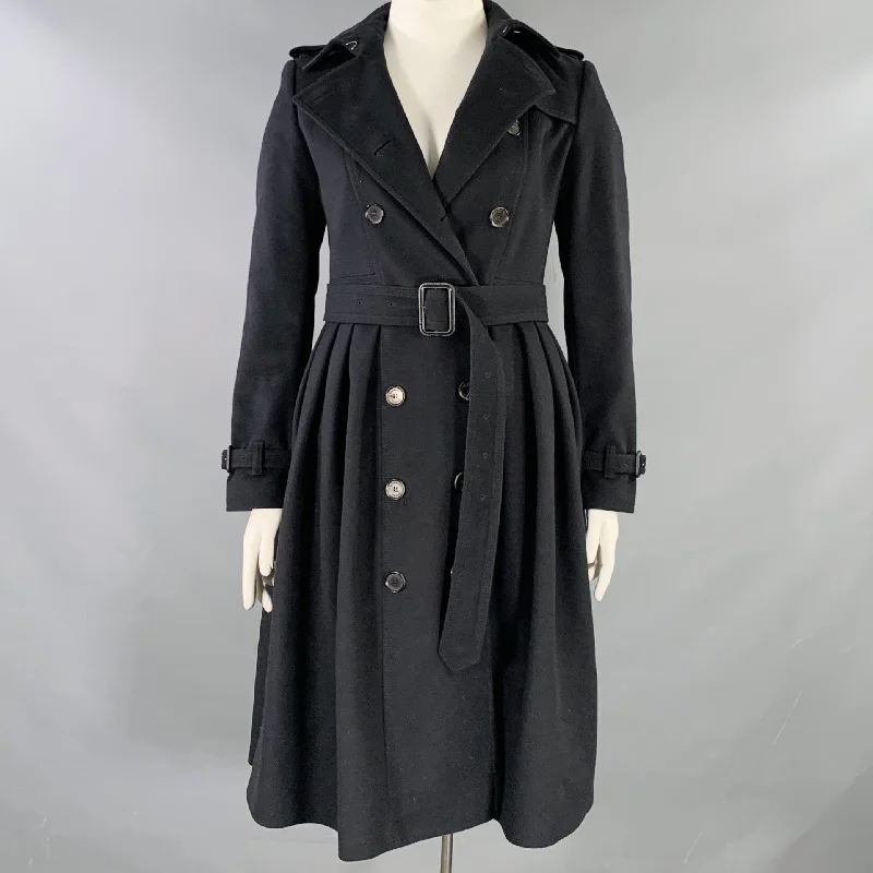BURBERRY LONDON Size 10 Black Virgin Wool Cashmere A-Line Trench Coat Striped Polka Dot Solid BURBERRY LONDON Size 10 Black Virgin Wool Cashmere A-Line Trench Coat Striped Polka Dot Solid