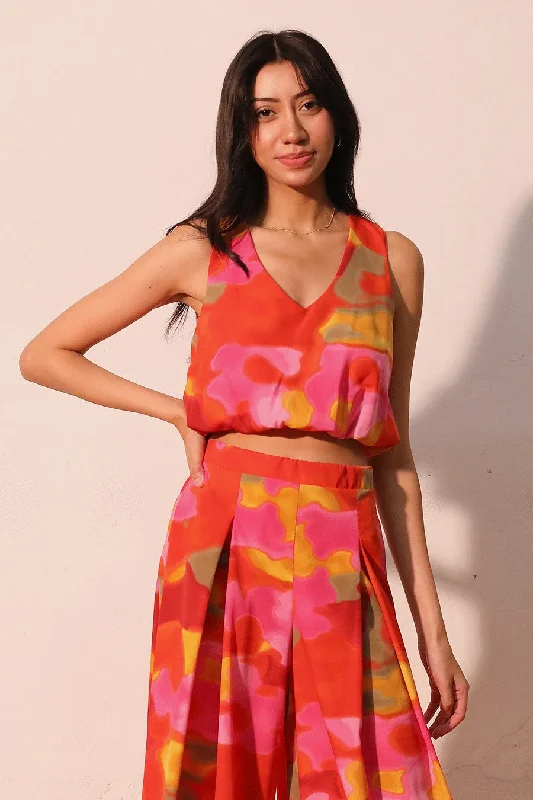 Red Malibu Sunset V-Neck Crop Top Rayon Velvet Corduroy