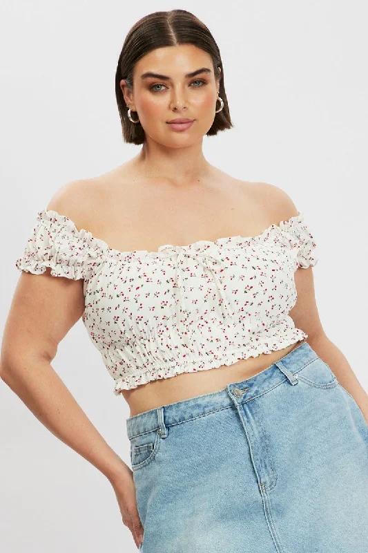 White Ditsy Crop Top Short Sleeve Ruched Bust Nylon Fabric Polyester Fabric Spandex Fabric