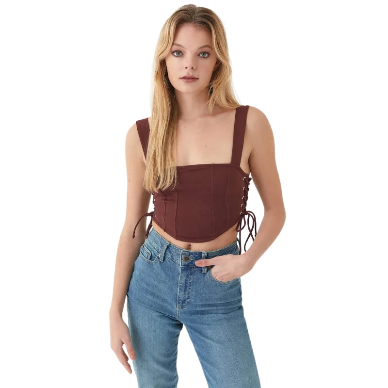 OXXO - Crop Top with Lace Up Detail Chenille Brocade Lace