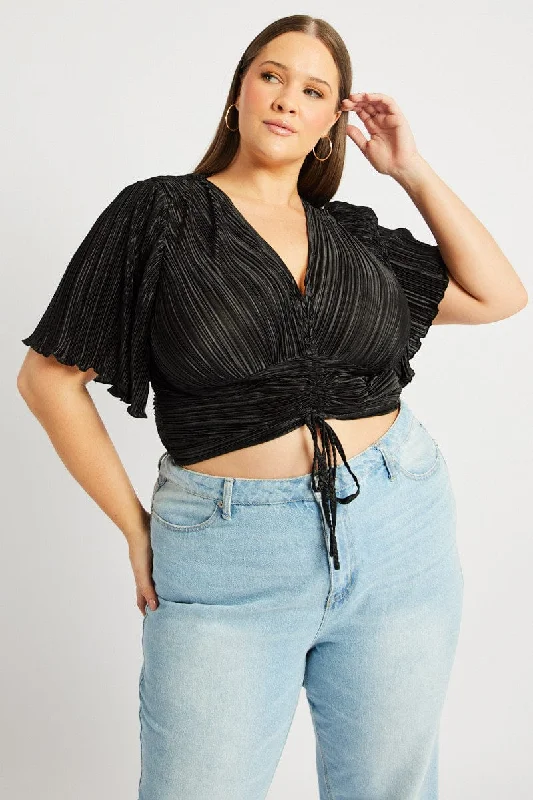 Black Crop Top Short Sleeve V-neck Ruched Front Plisse Sequined Glittery Shiny