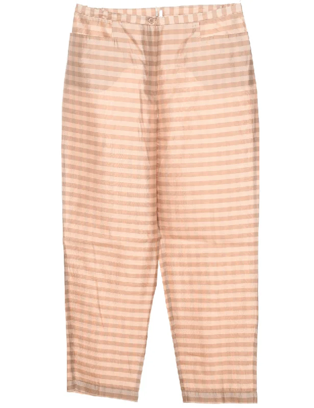 Silk Striped Light Brown & Cream Metallic Trousers - W35 L29 Trousers Sale Discount