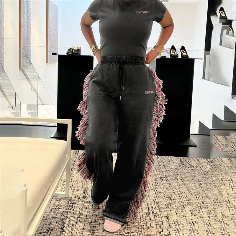 MX2114 women crew neck short sleeve embroider crop top loose color tassels straight two piece pants set Spandex Blend Rayon Blend Denim Blend