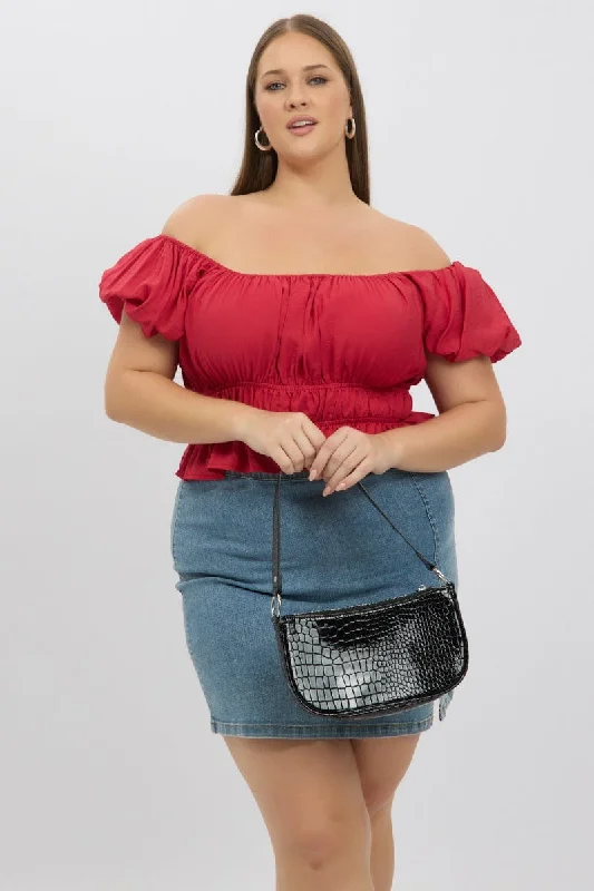 Red Ruffle Crop Top Puff Sleeve Fleece Nylon Spandex