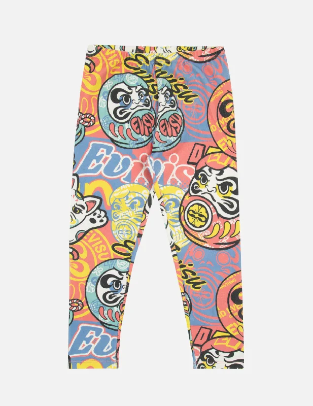 Allover Fortune Cat and Daruma Print Regular Fit Leggings Trendy Minimalist Leggings