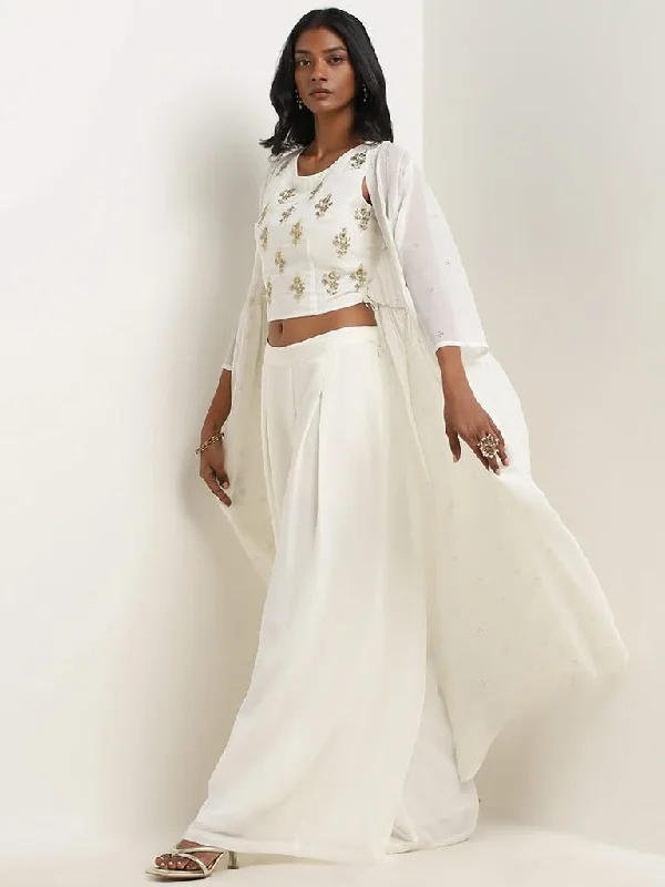 Vark White Floral Embellishment Crop Top, Palazzos and Shrug Set Welt Pockets Slit Pockets Flap Pockets